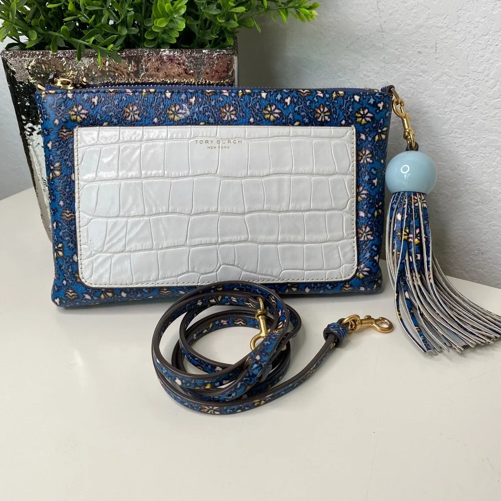 Tory Burch Colorblock Leather Tassel Convert. Crossbody Clutch Blue Wild Pansy